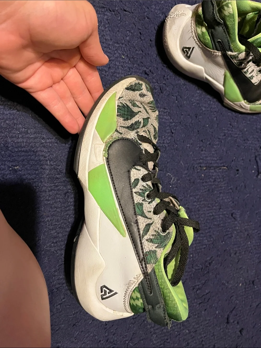 Nike Kids Sneakers in Green, Black and White with Leaf Print